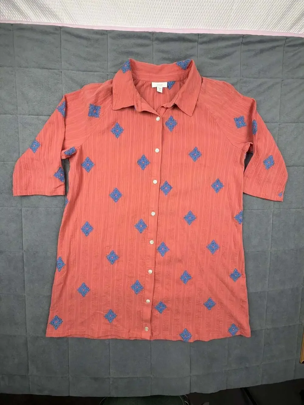 purejill Women's Terracotta Button-Down Shirt with Blue Geometric Embroidery
